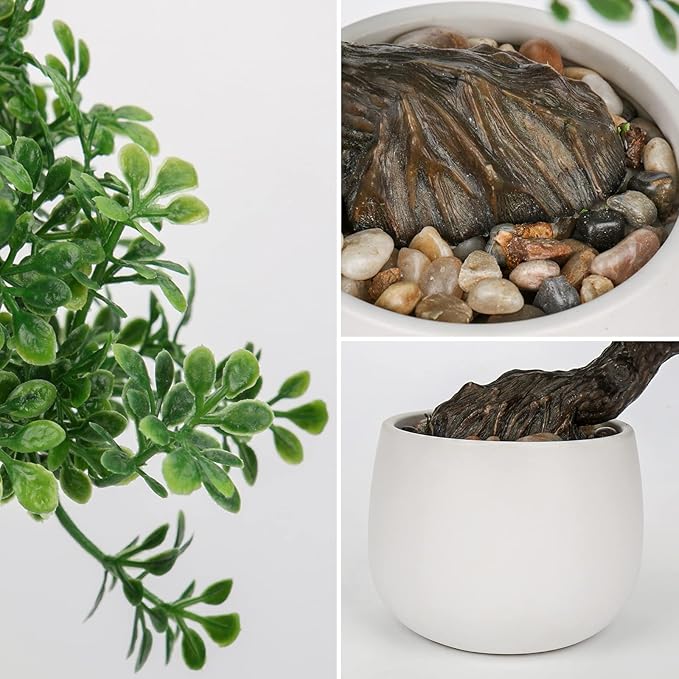 DILATATA Fake Bonsai Tree Zen Juniper Bonsai Plant 9” Tall Artificial Bonsai Trees with White Ceramic Pot Decorated with Pebbles Desk Plant Indoor Bonsai for Home Office Decor