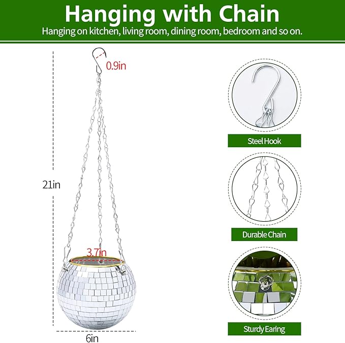 Disco Ball Planter, 2pcs 6" Silver Disco Ball Planter, Disco Ball Plant Hanger with Hanging Rope, Hanging Chain, Hook, Circle and Extra Mirror Pieces (6" Silver, 2pcs)