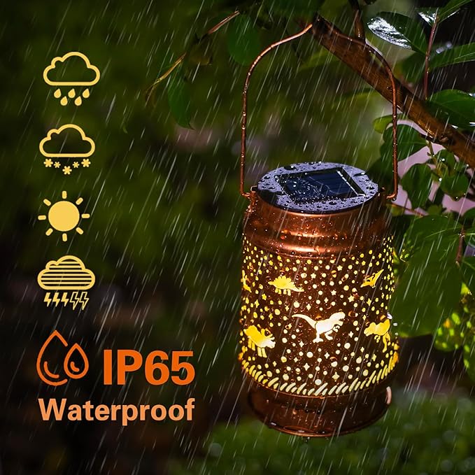 Dinosaur Solar Lanterns Outdoor Waterproof Hanging Solar Lights Dinosaur Gifts for Women Men Metal Decorative LED Dinosaur Lanterns for Garden Decor,Yard,Patio,Lawn,Tabletop,Pathway,Landscape