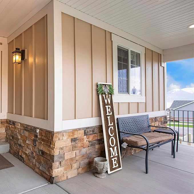 Surfapans Welcome Sign for Front porch Standing 45"X9"Large Wood Frame Outdoor Tall Welcome Signs Vertical Decor for Farmhouse Rustic Home Modern Outside Front Door Wall Decorations (White Wood)