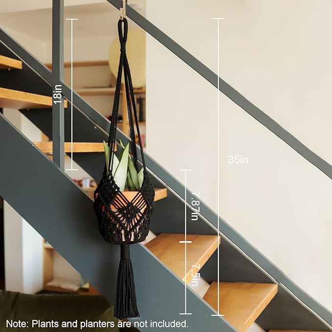 Hanging Planter with Patterns,2Packs Macrame Plant Hangers Indoor Macrame for up to 8 inch Pot Crochet Boho Plant Hanger Holder for Indoor Outdoor with 2S Shaped Stainless Steel Hooks (Black)