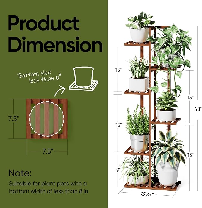 ROSSNY Plant Stand Indoor, 6 Tier 7 Potted Bamboo Plant Stands for Indoor Plants, Corner Plant Stand, Tiered Plant Stands, Plant Shelf For Indoor, 48 Inch Tall Planter Holder for Multiple Plants Indoor, Brown