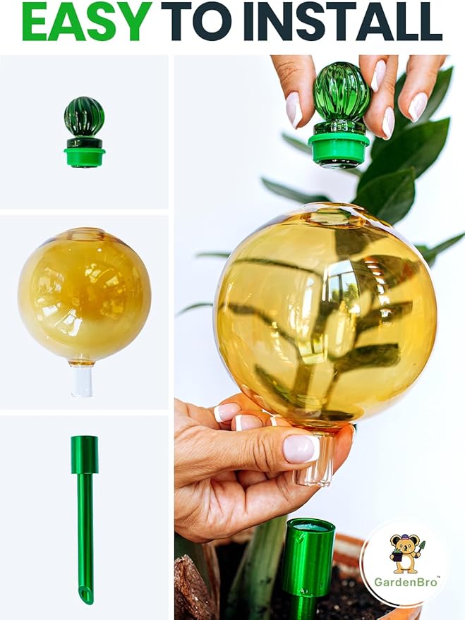 16 Oz Plant Watering Globes For Indoor Plants With Metal Self Watering Planter Insert - Premium XL Glass Hand-blown Globes - Automatic Indoor Planter Waterer, Gift Idea For Gardeners [1, Gold]