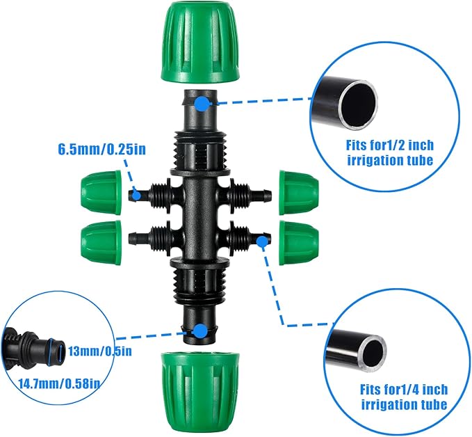 10 Pcs Barbed Tee 1/2 inch Tubing (1/2" ID x0.6-0.63" OD) 16mm to 1/4 inch Irrigation Tube Anti-Drop Quality Fitting (Fits 13mm ID / 4mm ID) (6-way lock Buckle Green)