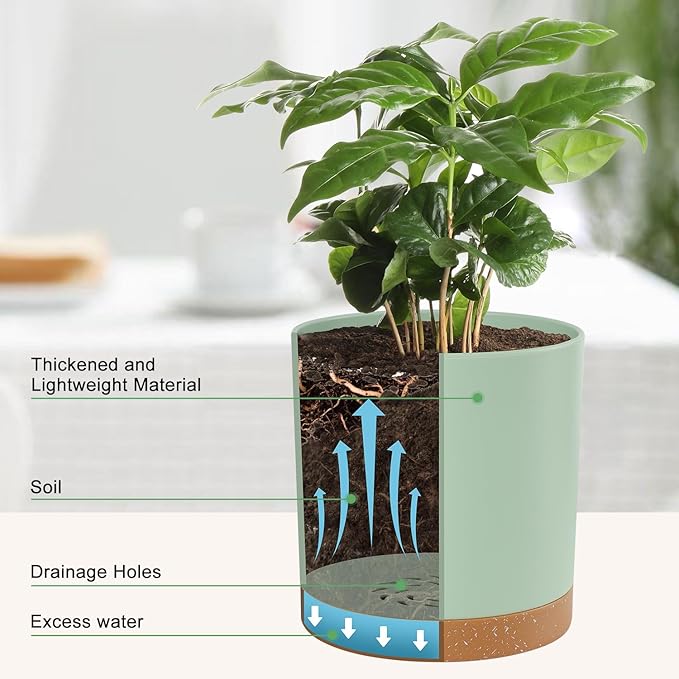 Plant Pots – 7/6.5/6/5/4 Inch Plastic Planters with Drainage Holes and Saucers, Flower Pots for Indoor and Outdoor Plants (Green)