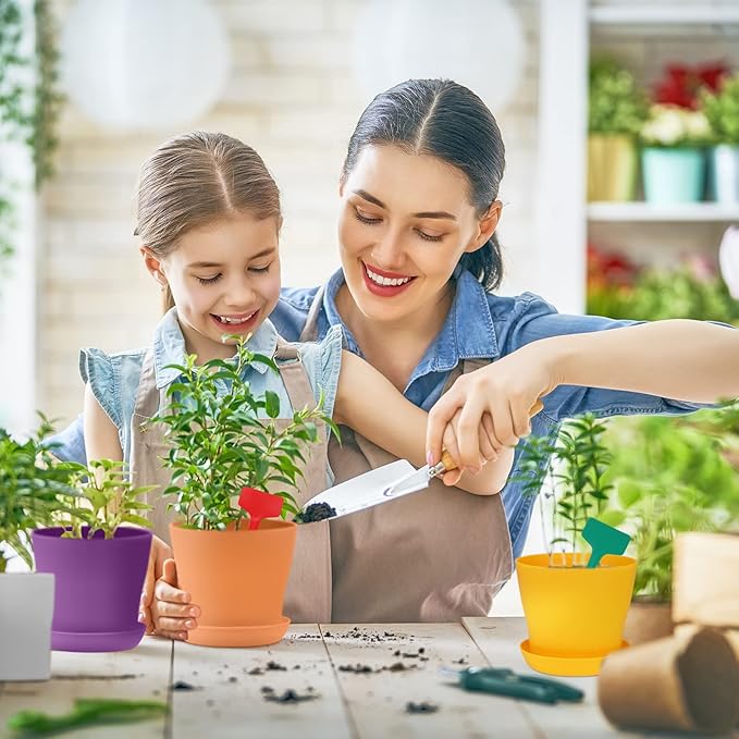 16 Pack 5.5 Inch Plastic Planters Assorted Flower Plant Pots Seedling Nursery Pots with Tray, Outdoor Indoor Plants for Seedling, Transplanting, Cutting, 8 Colors