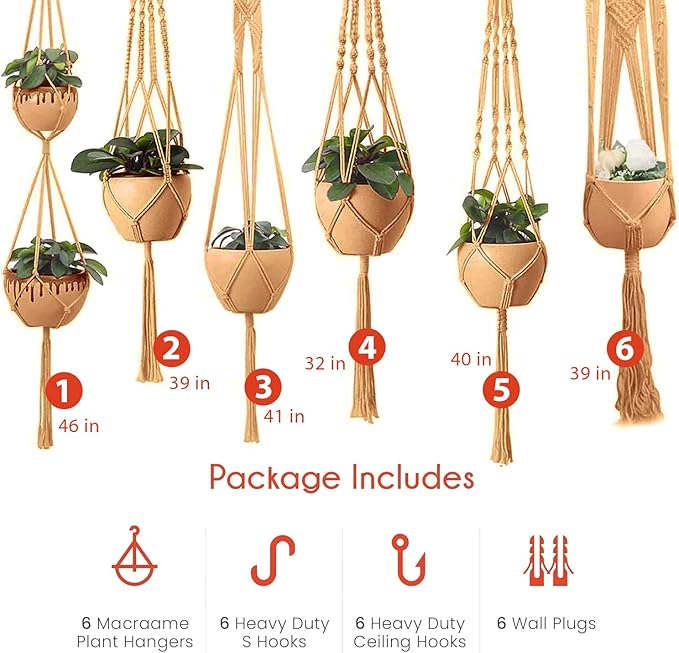 Macrame Plant Hangers - 6 Pack, Brown, Indoor/Outdoor, 11.9 lbs Capacity, Ready to Hang