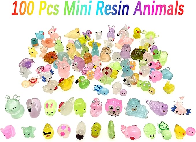 Luminous Woodland Mini Resin Animals Figures 100 Pcs Glow in The Dark Tiny Plastic Animals Small Little Miniature Animals Figurines for Hiding Miniature Fairy Garden Accessories