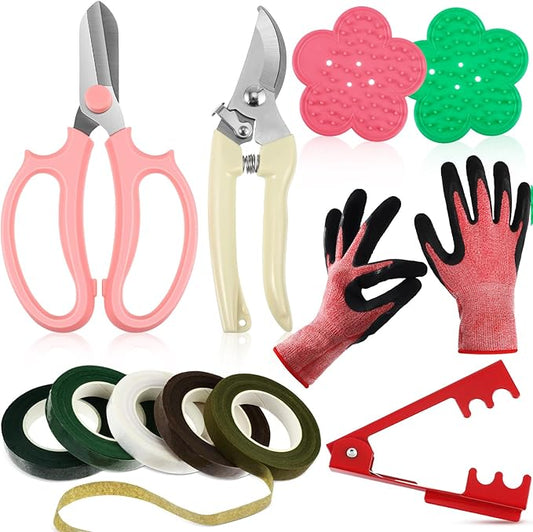 WILLBOND 11 Pcs Rose Thorn Remover Valentine Leaf Stripping Tool Garden Pruning Shear Scissors Kit Thorn Remover for Roses Floral Gloves and Floral Tape for Outdoor Gardening Flower(Pink, Green)