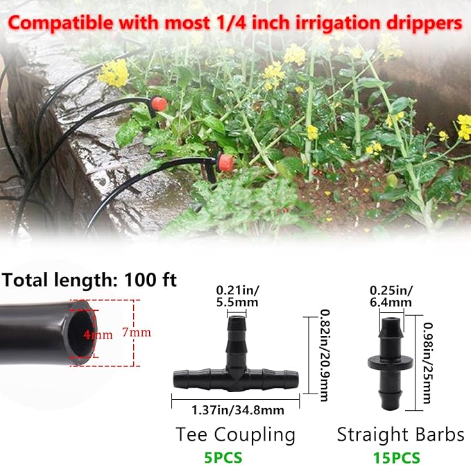 100FT 1/4" Blank Distribution Tubing Drip Irrigation Tubing Drip Irrigation Hose, Garden Watering Tube Line with 20PCS Drip Irrigation Barbed Connectors for Garden Irrigation System
