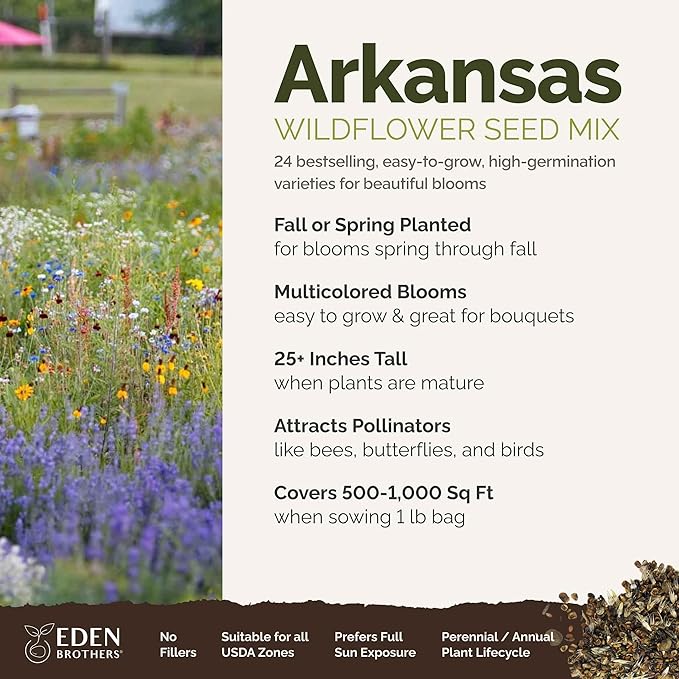 Eden Brothers Arkansas Wildflower Mixed Seeds for Planting, 1 lb, 480,000+ Seeds with African Daisy, Cosmos | Attracts Pollinators, Plant in Spring or Fall, Zones