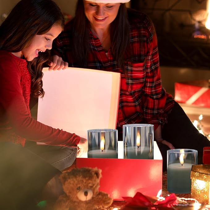 Glass Flameless Candles with Remote Timer,LED Candles Flickering Battery Operated with 3D Wick,Candle Holders Table Centerpiece Decoration for Home Wedding Birthday Festival(Grey)