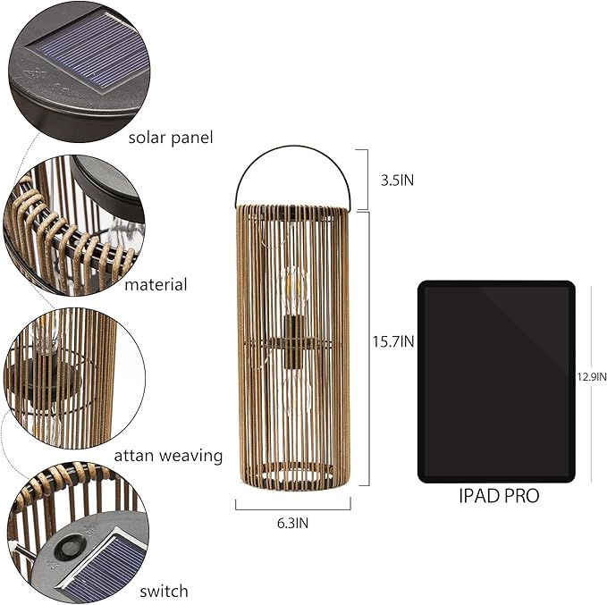 Solar Lanterns Outdoor Waterproof Hanging Rattan Weaving Solar Garden Lanterns Solar Powered with Handle,Decorative Retro Rattan Lights for Garden / Yard / Patio / Porch.