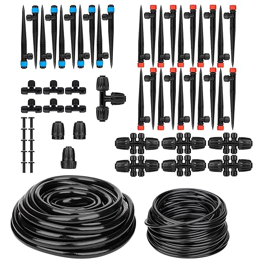 Drip Irrigation System for Garden-Watering - Quick Connector Adjustable Automatic Sprinkler System Kit for Raised Bed Greenhouse Plant with Drip Emitters,1/2" and 1/4" Tubing,Connectors (132FT)