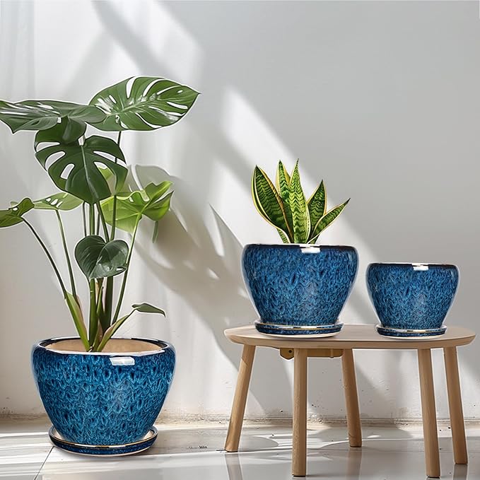 Ceramic Plant Pots Indoor, 10 Inch 8 Inch 6 Inch Round Planters Pots for Indoor Outdoor Plants, Modern Large Flower Pots with Drainage Holes and Saucers, Set of 3, Blue