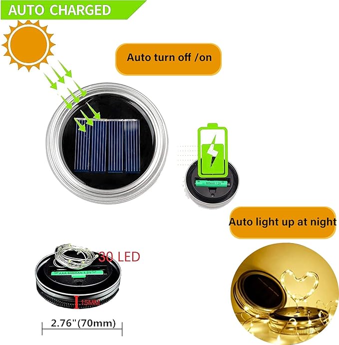 Solar Mason Jar Lid Lights 12 Pack 30 LED Firefly Fairy String Lights, Waterproof Outdoor Solar Lights with Hangers for Regular Mouth Jars (No Jars Included)