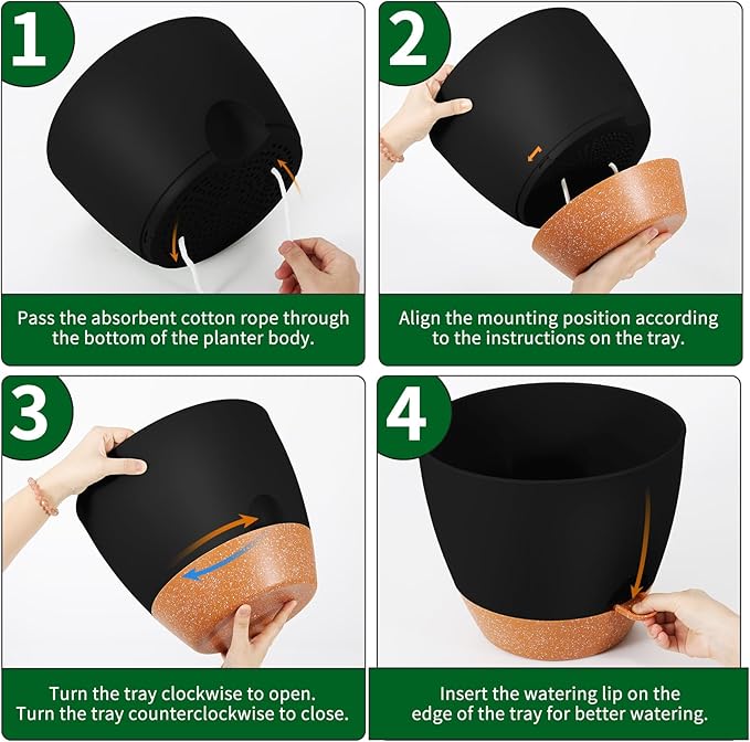 GARDIFE 12 inch planters, Plant Pots,Self Watering Pots, Large Plastic Flower pots with Deep Reservior and High Drainage Holes for Indoor Outdoor Plants and Flowers, Black