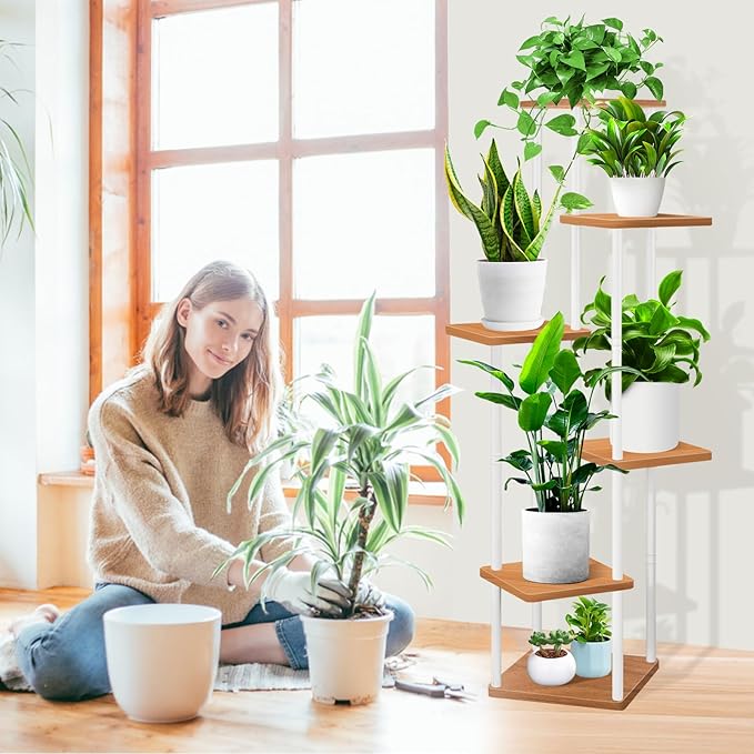 6 Tier Wood Tall Plant Stand Metal Rack Indoor, Multiple Flower Pot Holder Shelves Corner Rack, Planter Shelf Display Rack Storage Organizer for Patio Living Room Balcony Garden(White)