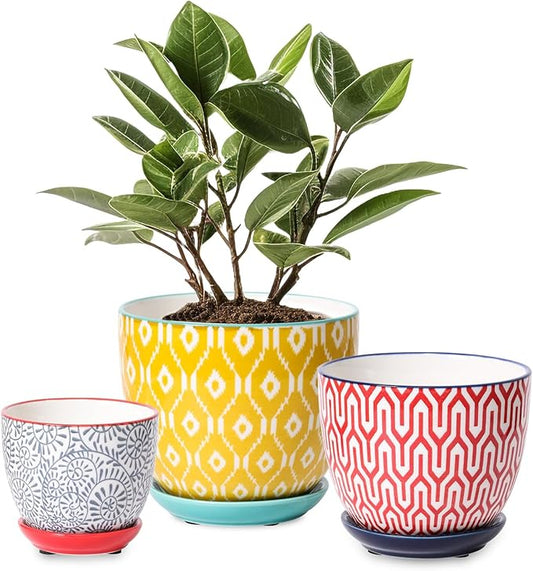 Selamica Ceramic Plant Pots, Indoor Flower Pots for Indoor Plants, 3.5+4.6+5.5 Planters with Drainage Hole & Saucer, Set of 3, Home Decor, Assorted Colors