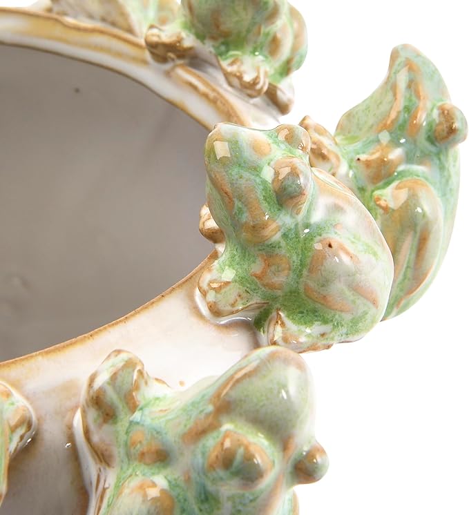 Creative Co-Op Stoneware Planter with Frog Figurine Rim, Multicolor