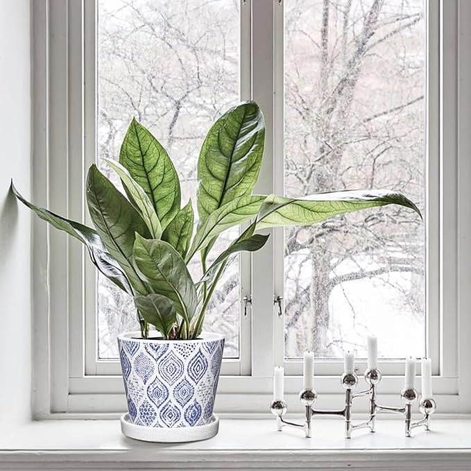 Blue and White Ceramic Pots for Plants, Decorative Plant Pots Round Ceramic Planters for Indoor Plants Pots with Drainage Hole Saucers, Retro Planter Pot for Succulents Cactus Flowers Outdoor 4.8/5.5"