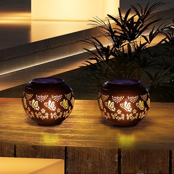 VEWOGARDEN 2 Pack Solar Lanterns Outdoor Waterproof Solar Lantern Hollow Out Metal Butterfly Lantern Solar Lights for Patio Garden Table Decor
