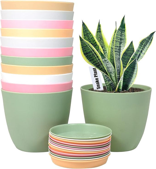 6 Inch Plant Pots, 12 Pack Plastic Planters Modern Flower Pot with Drainage Holes and Saucers for All House Plants, Herbs, Flowers and Seeding Nursery, Colorful