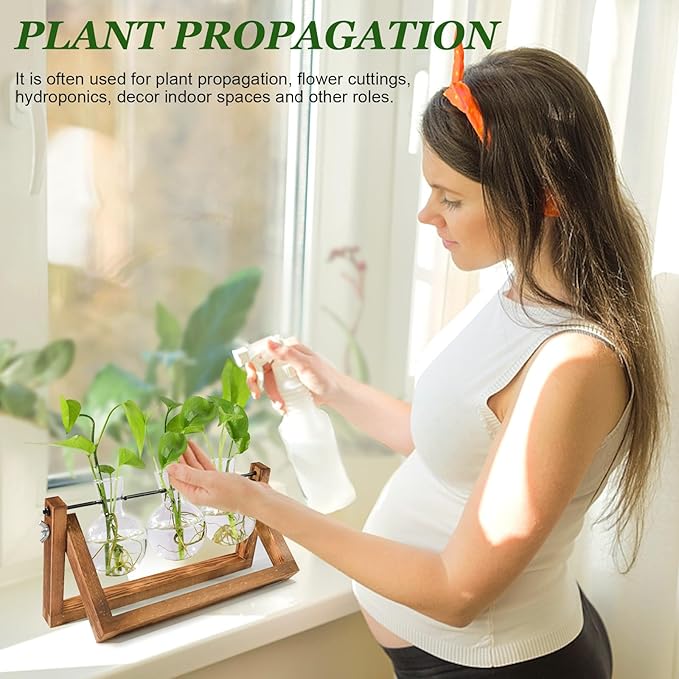 Plant Propagation Station, Plant Terrarium with Wooden Stand, Unique Gardening Birthday Gifts for Women Plant Lovers, Home Office Garden Decor Planter - 3 Bulb Glass Vases