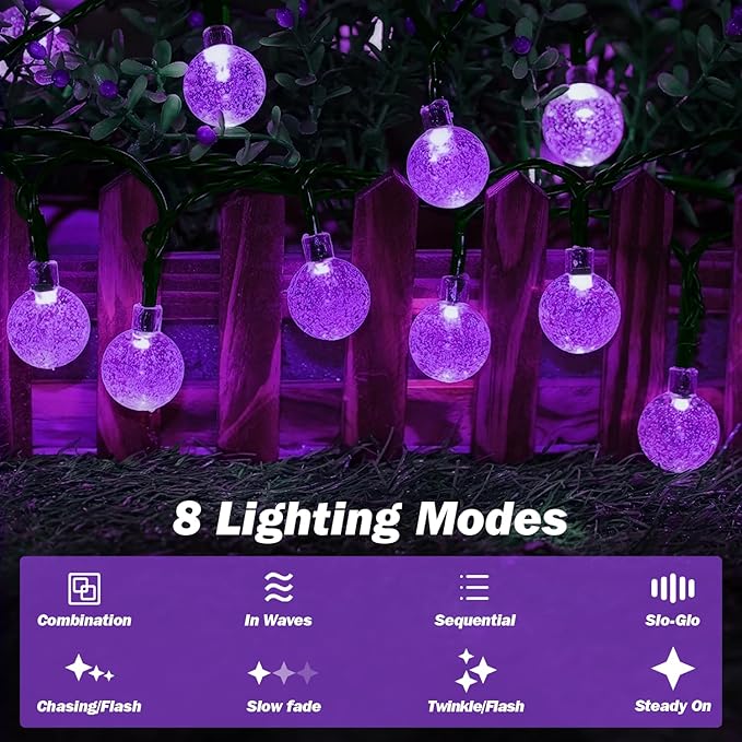 Solar Lights Outdoor Waterproof, 2 Pack Total 120LED 72FT Solar String Lights for Outside w/ 8 Modes, Outdoor String Lights Crystal Globe Patio Lights for Garden Yard Party Decor (Purple)