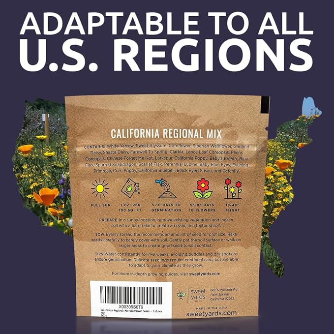 California Wildflower Mixture - Bulk 1 Ounce Packet - Over 7,000 Native Seeds - Open Pollinated and Non GMO