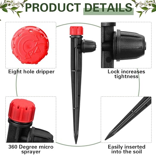 80 Pcs Drip Irrigation Emitters with Adjustable 360 Degree Water Flow Drippers for 1/4 Drip Tubing Sprayer on 5.5 Arrow Stake for Garden Irrigation System(Red, Black,Eight Hole Nozzle)