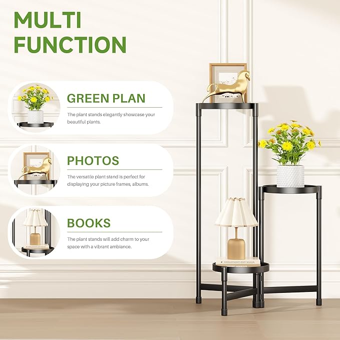 3-Tier Metal Plant Stand Indoor, Foldable Corner Plant Shelf Outdoor, Rotatable Tiered Tall Plant Stand, Black Multiple Plant Stands for Patio Living Room Balcony Garden Home Decor
