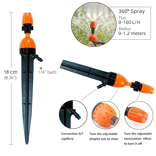 Drip Irrigation System,50FT Main Pipe and 16.4FT Branch Pipe,10 Adjustable Drippers with Piles,Quick Socket Connection.Plant Watering System of Garden Potted Elevated Garden Bed.(emitters with Piles)