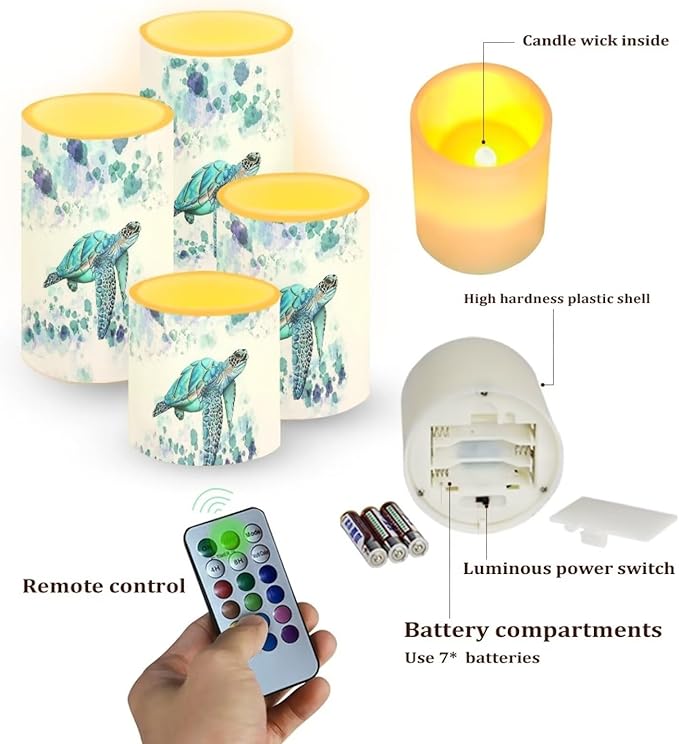 Flameless LED Candles Electric Candle Set with Remote Timer Color Changing Control Long Lasting for Table Centerpiece Home Indoor Decoration Pack of 4, Blue Sea Turtle