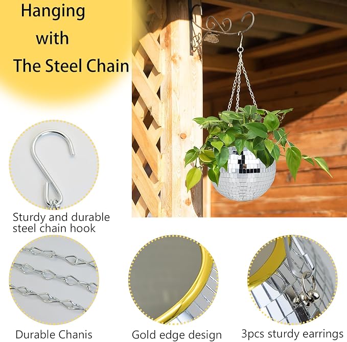 Disco Ball Planter, 8" Disco Planter with Hanging Rope, Hanging Chain & Hook & Ring Stand, Disco Ball Plant Hangers for Indoor and Outdoor Plants, Hanging Plant Holder (Silver, 1 Pack 8")