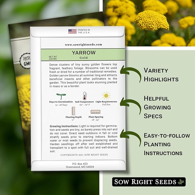 Sow Right Seeds - Achillea Yarrow Gold Flower Seeds for Planting - Flowers to Plant in Your Garden - Non-GMO Heirloom Packet with Instructions - Favorite Perennial to Attract Pollinators (1)