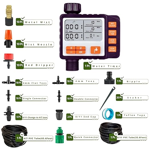 Drip Irrigation System Kit with Timer, Metal Mist, Plastic Mist Nozzle, Red Dripper, 1/4 (65.6 feet) and 5/16 Tube (32.8 feet),Automatic Watering System, Garden Watering System with Timer, Greenhouse