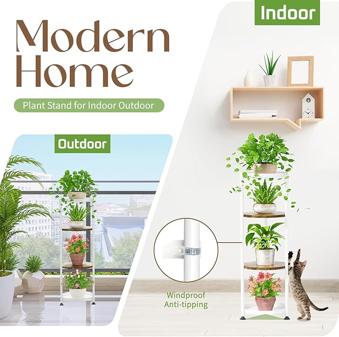 iDavosic.ly 4 Tier Corner Plant Stand Indoor, 45 Inch Tall Vertical Metal Flower Heavy Duty Pot Holder Shelf Outdoor for Patio Porch Living Room, White & Rustic Brown - Round