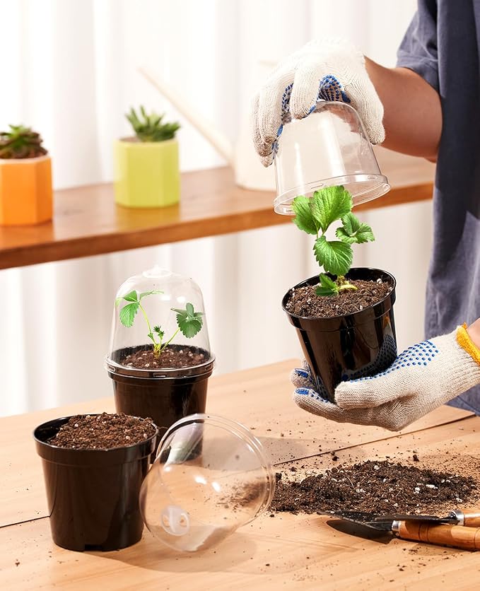 homenote Nursery Pots for Plants,4 Inch Plant Pot for Planting with Humidity Domes Plastic Seedling with Drainage Holes Seed Starter Flower with 10 Labels Black (30 Pack)