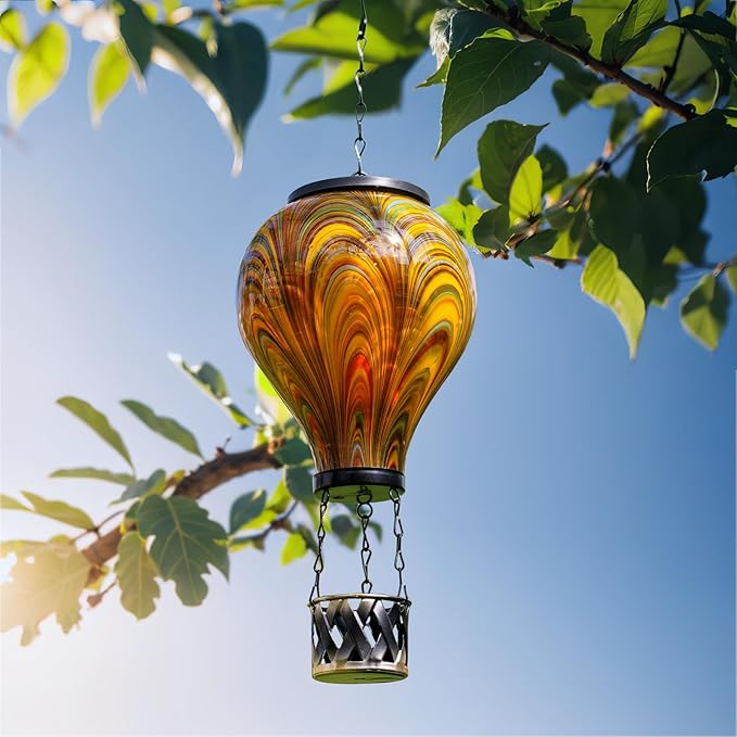 2PCS Solar Hot Air Balloon Lantern with Flame Flickering Light Tie-Dye Glass Hot Air Balloon Solar Lanterns Outdoor Waterproof Hanging Garden Light for Patio Porch Yard Decor,Gift for Women