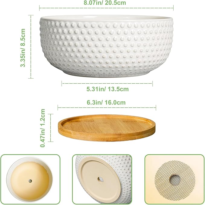 Succulent Pots 8 Inch - Ceramic Bonsai Planters for Indoor Plants, Plant Pot with Drainage Hole and Saucer, Shallow Round Flower Planter, Modern Room Decor, Gifts for Plant Lover, White