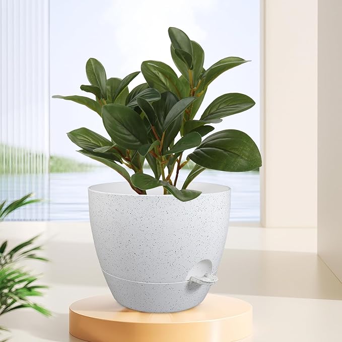 12 inch Large Self Watering Pots, Planter, Plant Pots with Multi Mesh Drainage Holes for Indoor Outdoor House Plants and Garden, Plastic Flower Pots with Deep Reservoir, Speckled White