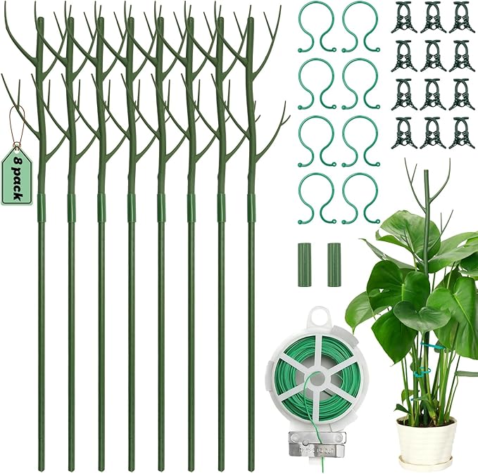 8 Pack Monstera Plant Support Stakes, 27.5inch Detachable Twig Plant Support Stakes with 12 Orchid Clips, 8 Twist Clips 65ft Twist Ties - Ideal Plant Stakes for Indoor Outdoor Plants