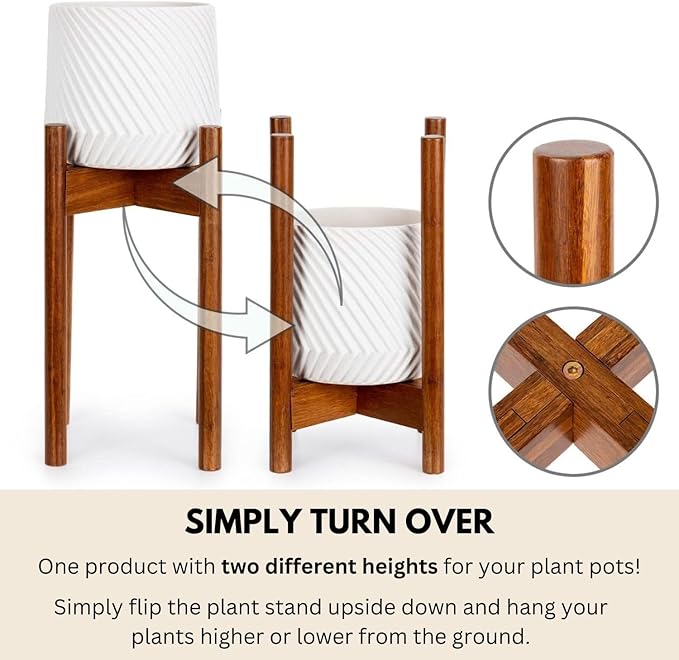 Fox & Fern Adjustable Tall Plant Stand Indoor — 8 to 12 Inch Mid Century Bamboo Plant Stand with Adjustable Width; Plug In Design; Easy to Assemble; Two Height Options - For 8, 9, 10, 11 & 12 In Pots