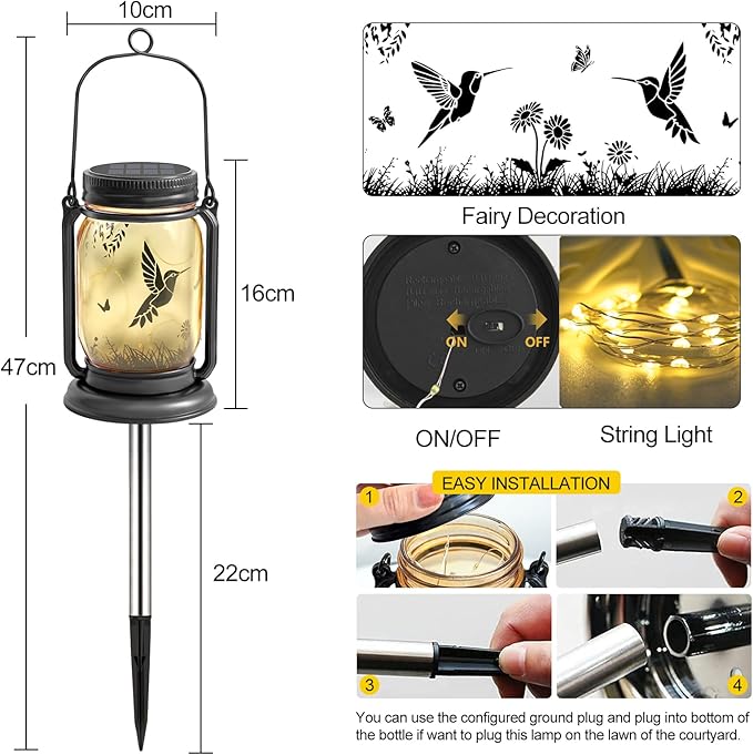 YJFWAL Hummingbird Solar Lanterns Outdoor Waterproof -Birthday, Mothers Day Gifts for Women Mom Grandma, Mason Jar Garden Lights for Patio, Yard, Porch, Balcony, Durable Garden Decor