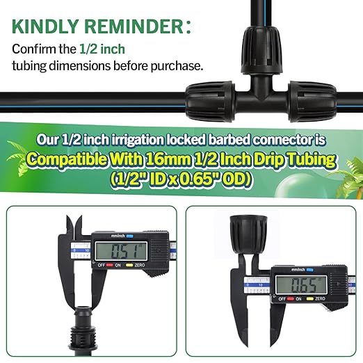 12 Pack Drip Irrigation Tee Fittings for 1/2 Inch Drip Tubing(1/2" ID x 0.65" OD), Anti-drop Barbed 1/2'' Drip Line Tee Connectors with Locked Nut for Garden Irrigation System Connection