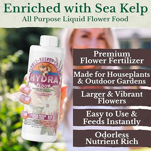 HydraBloom Flower Fertilizer - Indoor and Outdoor All Purpose Bloom Plant Food - Enriched with Kelp - for House Plants, Hanging Baskets, Strawberries - Use in Soil Gardens & Hydroponic Systems - 16oz