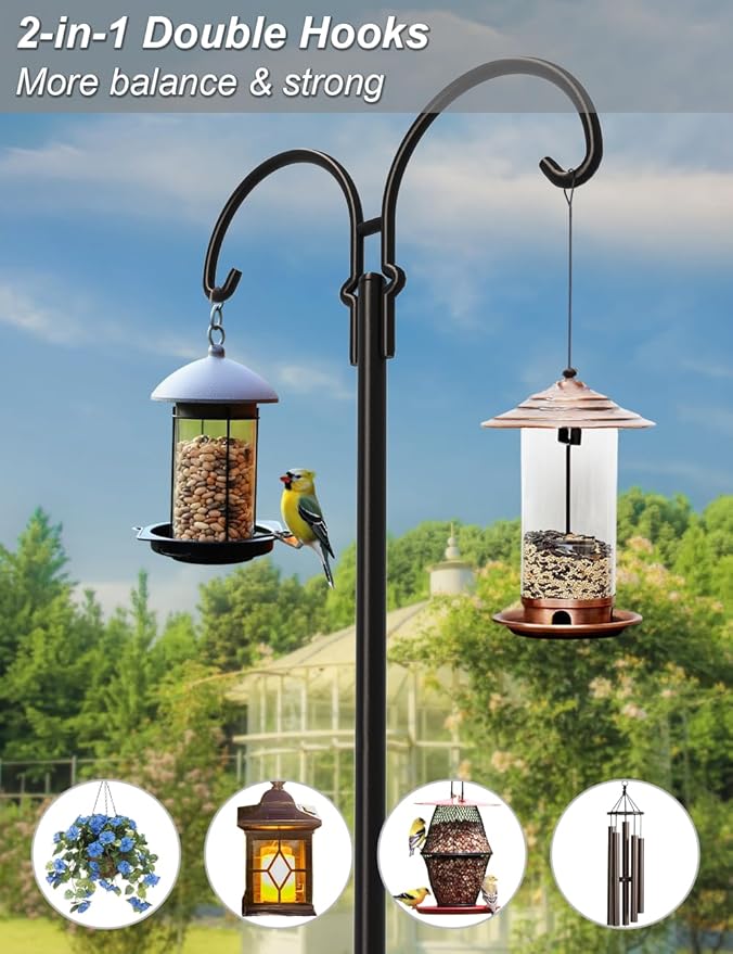 Outdoor Double Shepherds Hook with 5 Prong Base, 60 Inch Adjustable Heavy Duty Two Sided Bird Feeder Pole Stand for Hanging Plant Baskets, Solar Light Lanterns, Hummingbird Feeder, 2 Pack