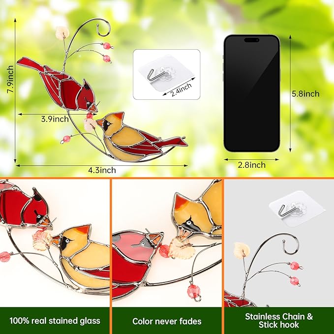 Cardinal Stained Glass Suncatchers for Windows Hanging Decorative,Couple Red Love Birds Sun Catchers for Christmas Ornaments,Real Stained Glass Cardinal Memorial Gifts for Women/Mom