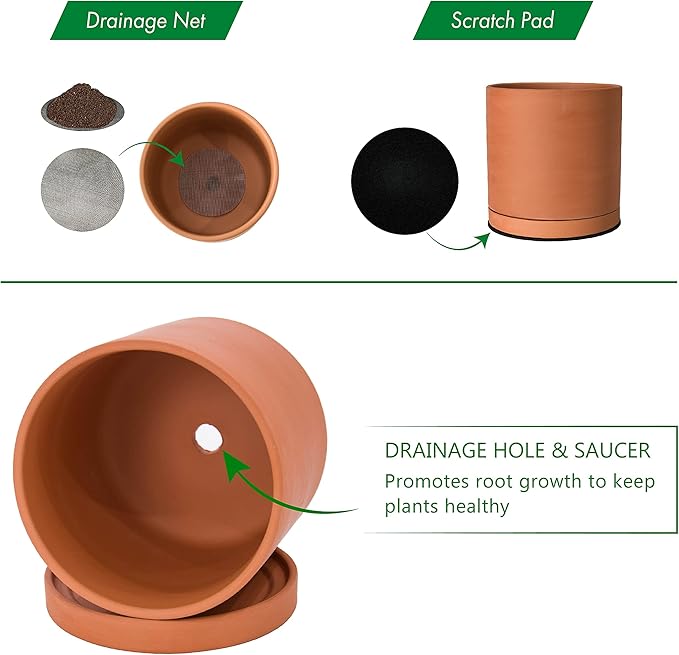 D'vine Dev Terracotta Pots for Plants, 5.3 Inch 6.5 Inch 7.8 Inch, Round Cylinder Planter Pot with Drainage and Saucer, 40-T-B-0